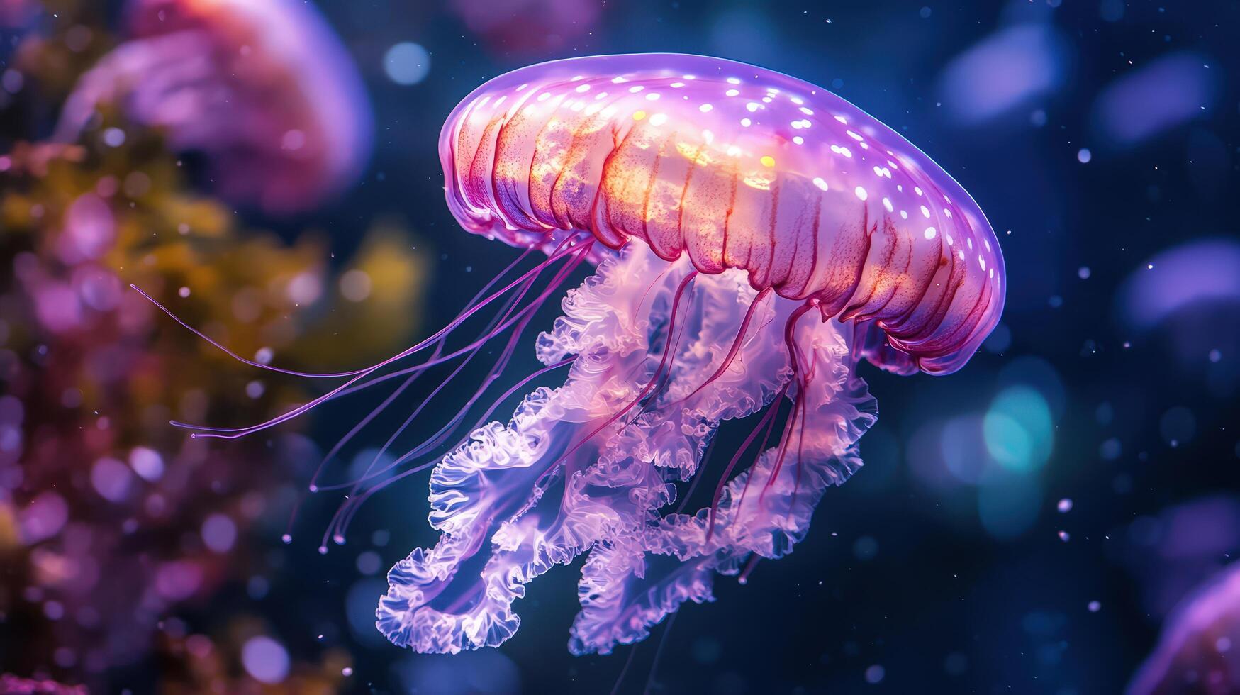 Intricate Light Violet Jellyfish Gracefully Swimming in Clear Underwater Habitat photo