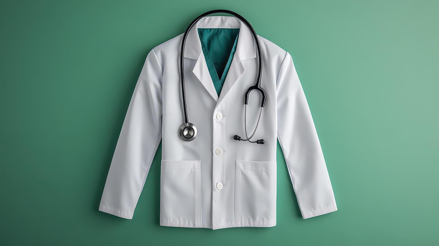 Close-up View of a Doctor's White Coat and Stethoscope on a Green Background photo