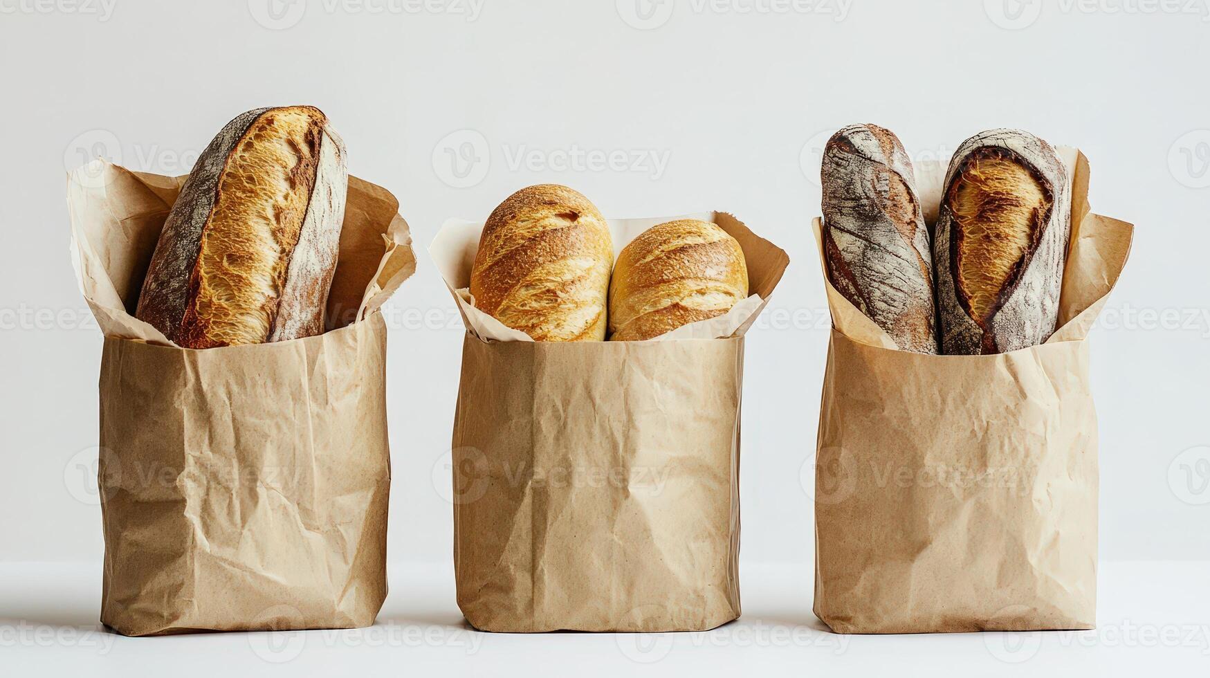 French Baguettes Wrapped in Eco Kraft Paper Bags on a Clean White Background photo