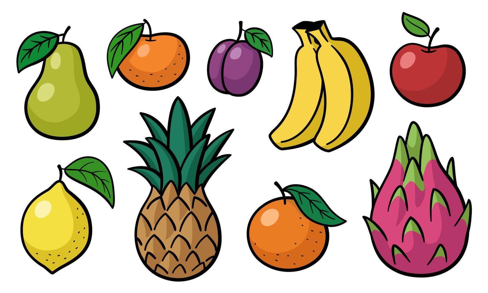 Cartoon fruits collection. Hand-drawn colorful set with bold black outlines, cute tropical and garden fruits, fresh organic produce. vector