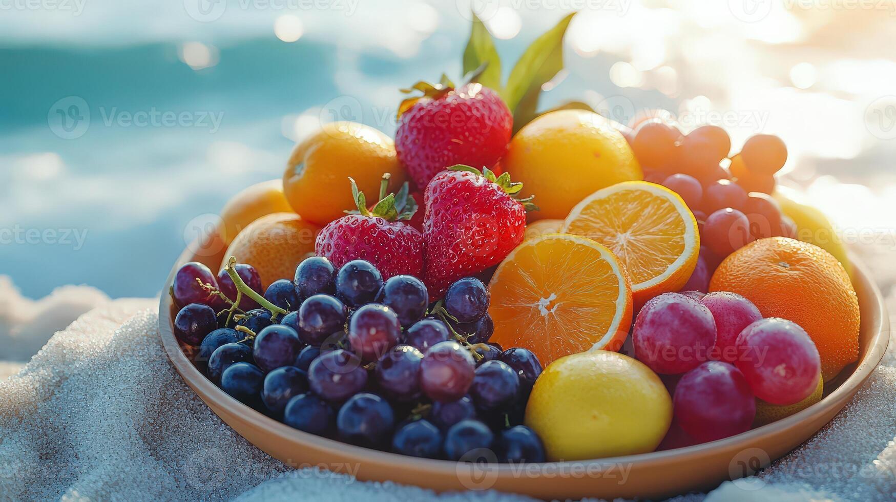 Fruit Platter Under Summer Sun by the Sea With Vibrant Colors and Refreshing Appeal photo