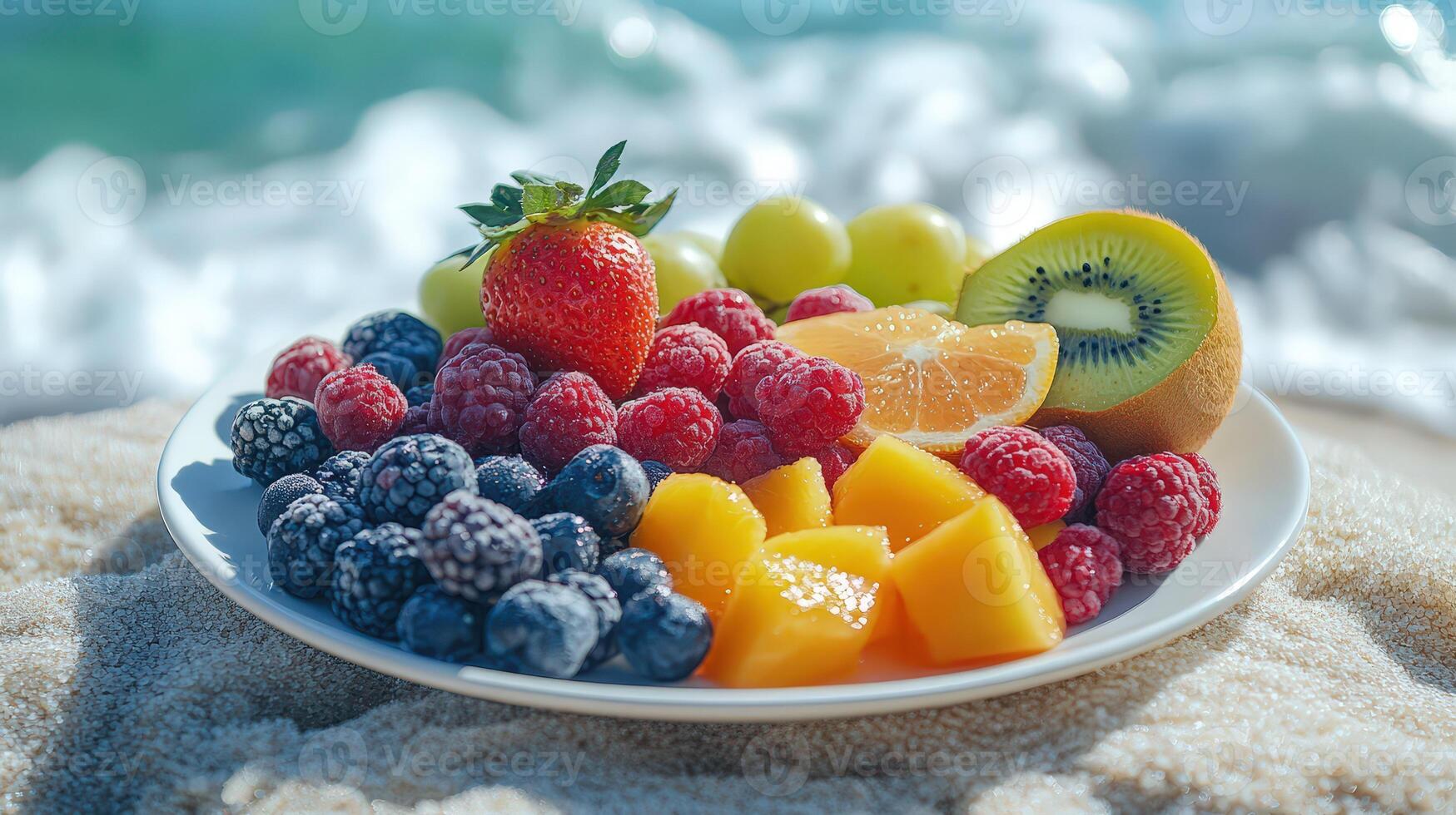 Delicious Assortment of Fresh Fruits on a Plate by the Summer Sea photo