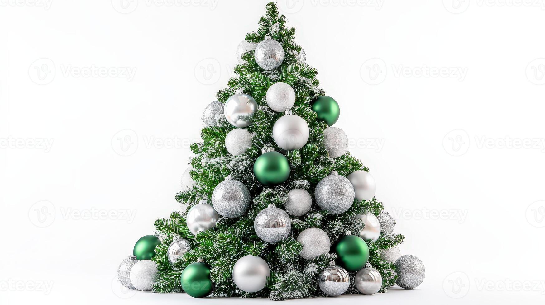 Christmas Tree Decorated With Green and Silver Balls on a White Background for Festive Celebrations photo