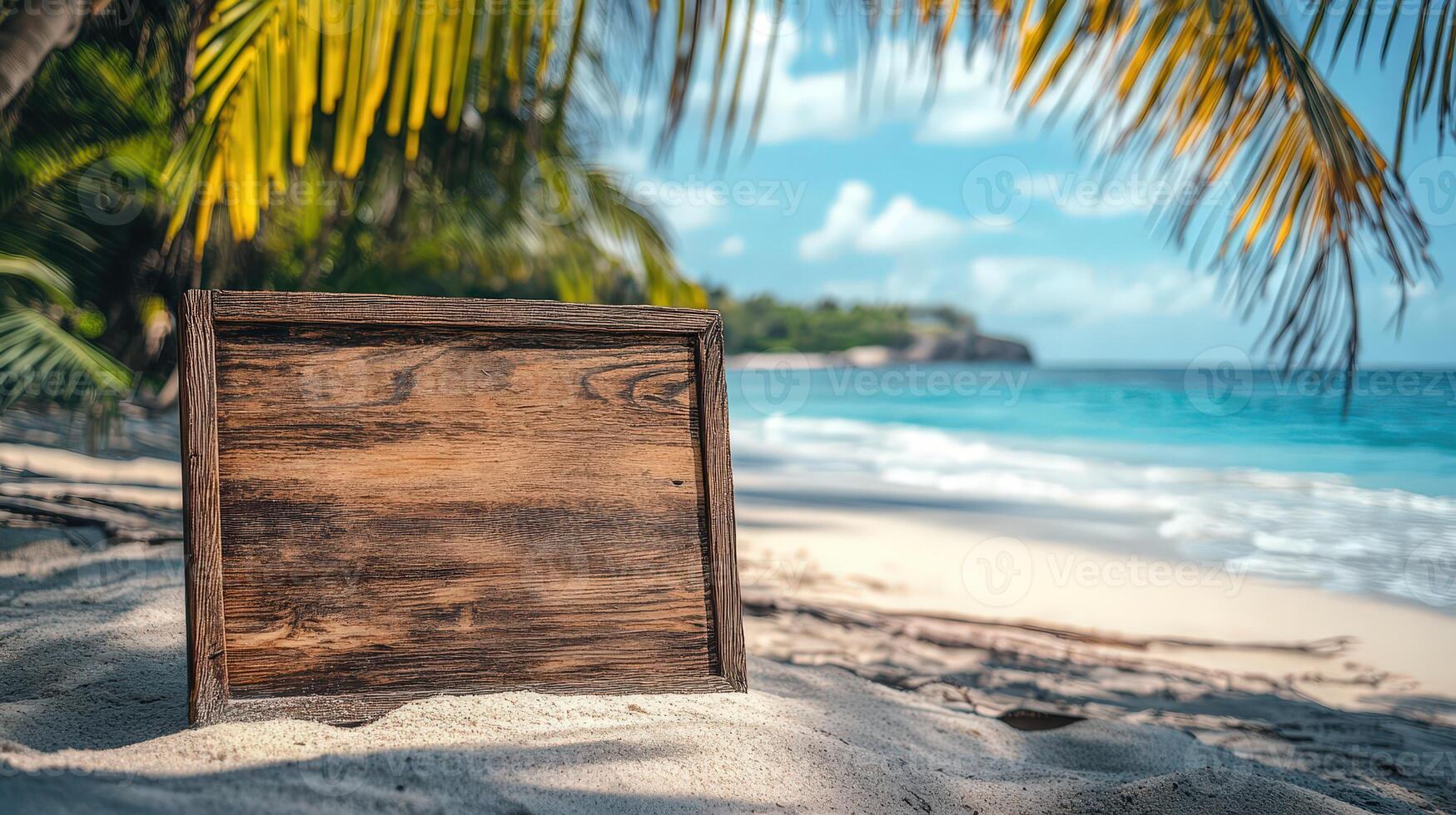 Summer Beach Setting With Wooden Board Offering Copy Space for Messages or Signage photo