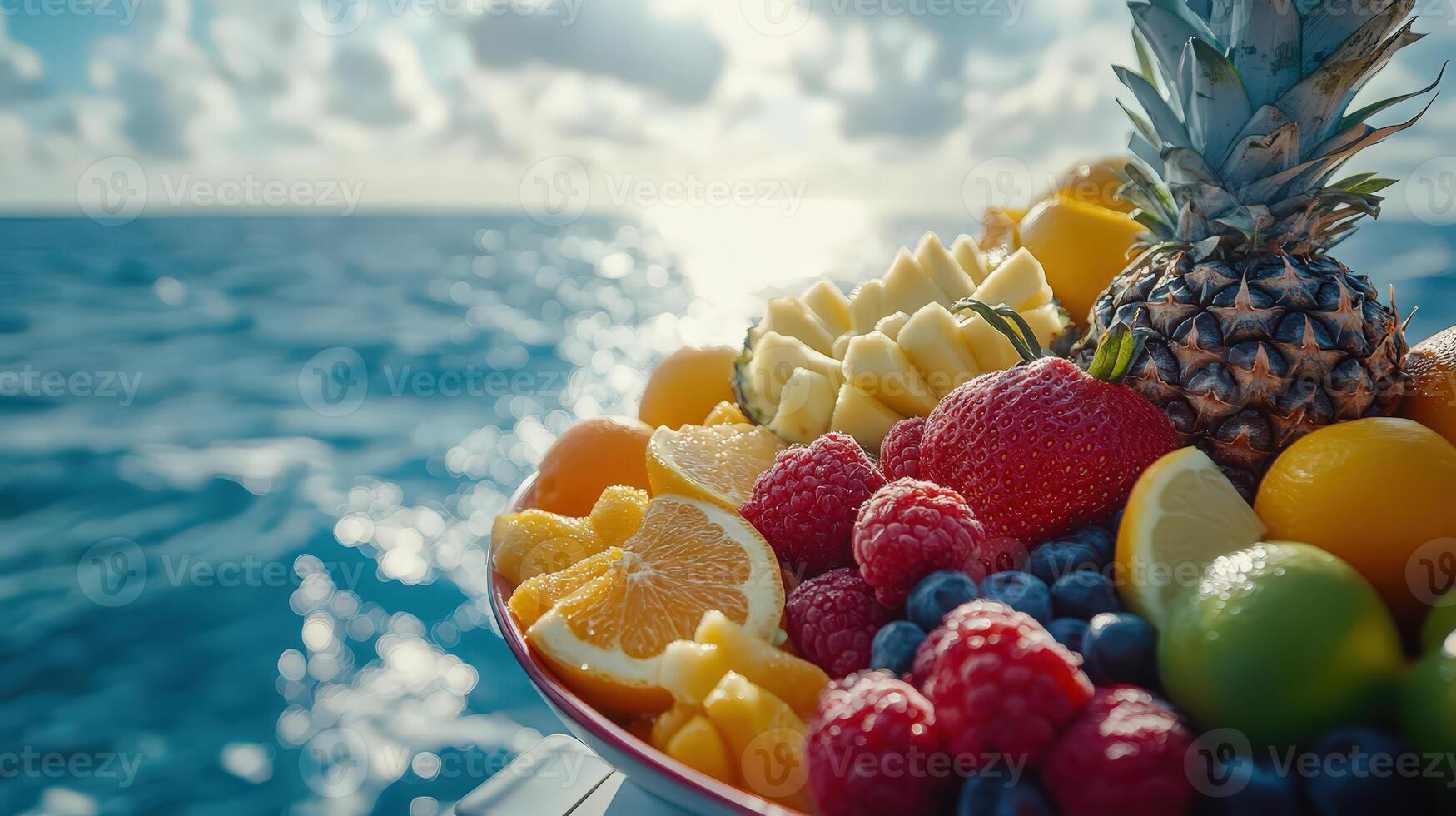 Enjoying a Colorful Fruit Platter on a Summer Day by the Serene Sea photo