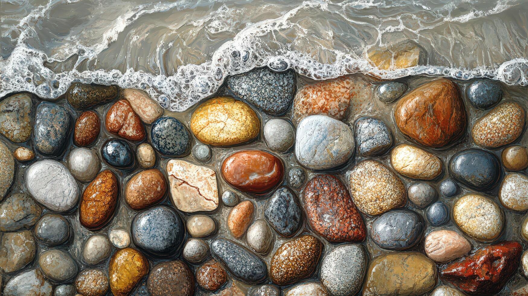 Colorful Wet Pebbles Glisten Along the Shoreline, Reflecting the Gentle Ocean Waves During Sunrise photo