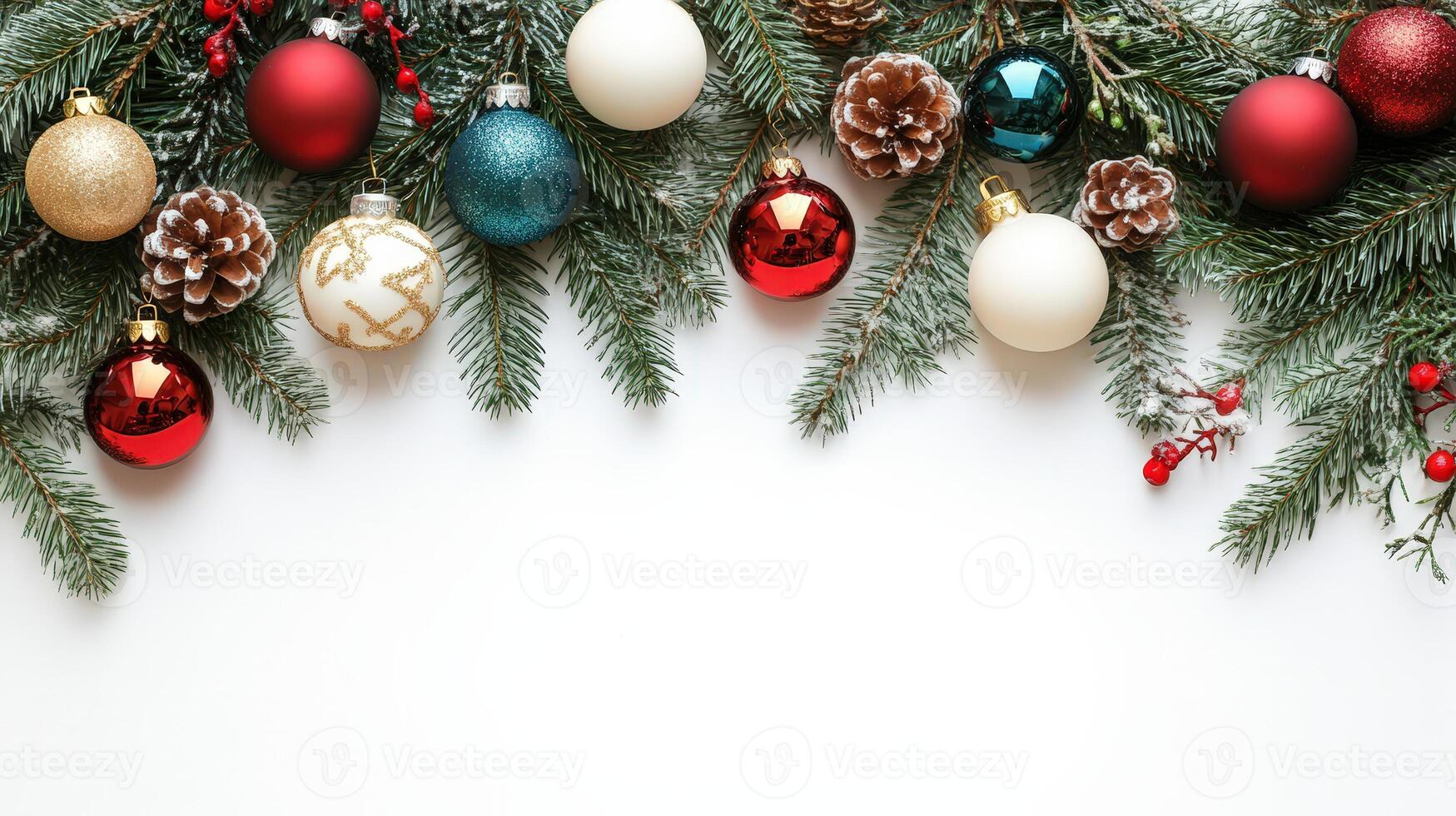 Festive Christmas Tree Composition With Colorful Ornaments and Pine Cones on a Bright White Background photo