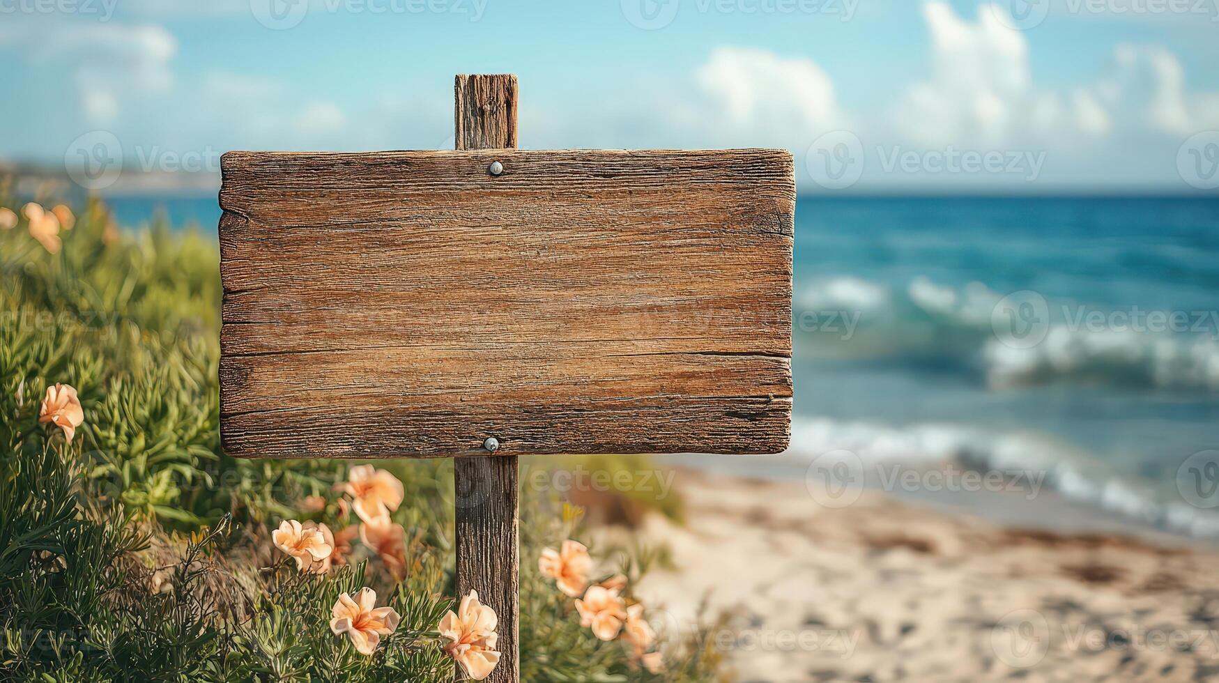 Wooden Sign With Copy Space on a Summer Beach Near the Sea With Flowers and Beautiful Clouds photo