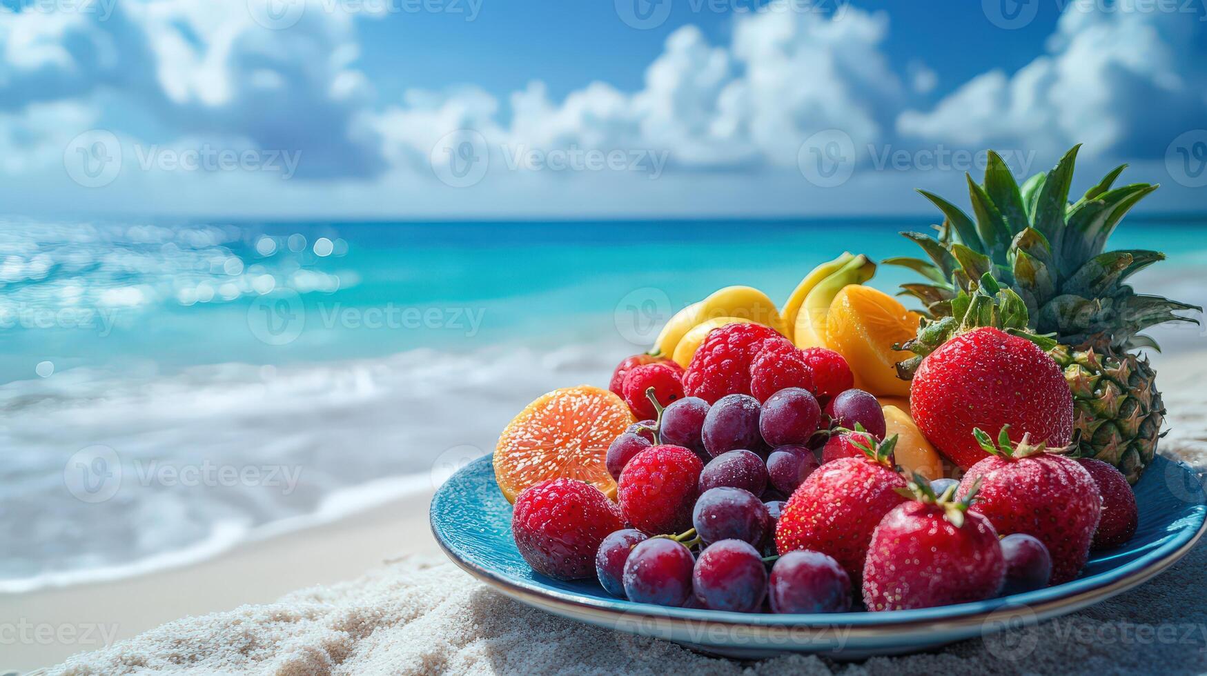 Summer Fruits on a Beach Plate With a Vibrant Sea Background at Sunset photo