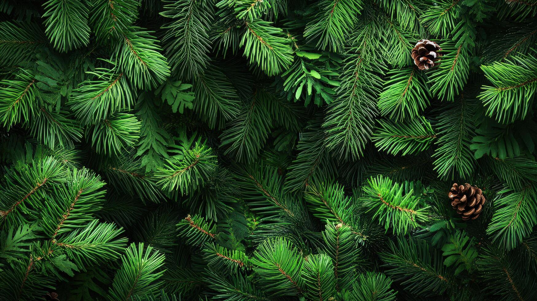Close-up View of Lush Green Christmas Tree Branches With Pine Cones Creating a Festive and Natural Backdrop photo