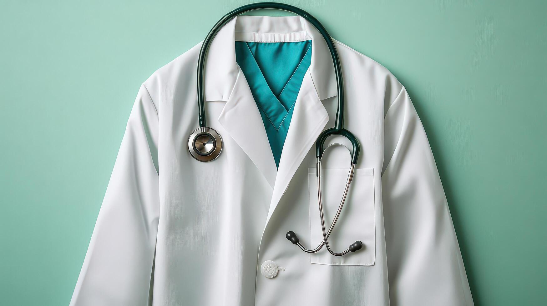 View of a Doctor White Coat and Stethoscope on a Light Pastel Green Background photo
