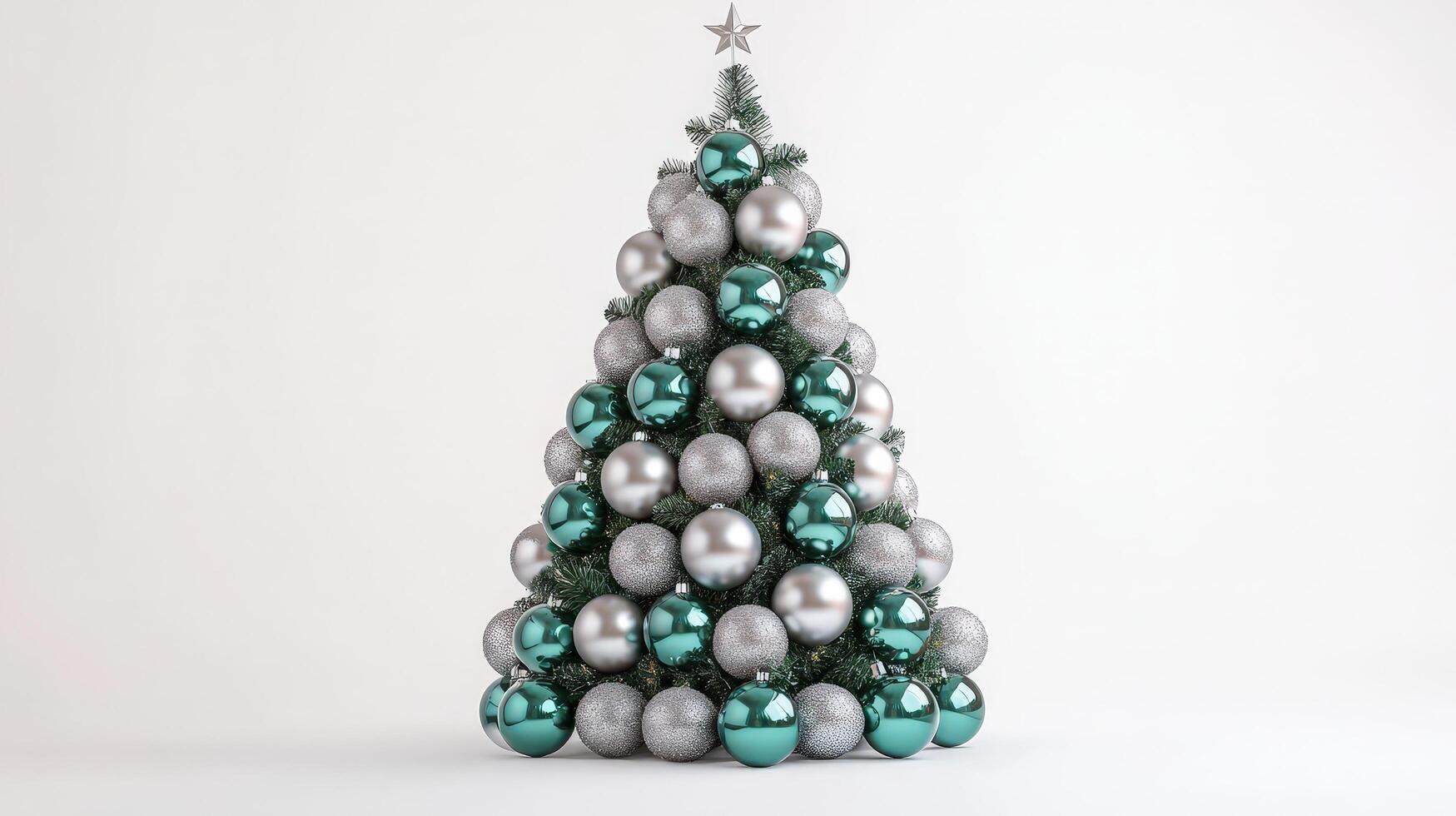 Christmas Tree Crafted From Green and Silver Ornaments Set Against a White Background for Festive Decor photo
