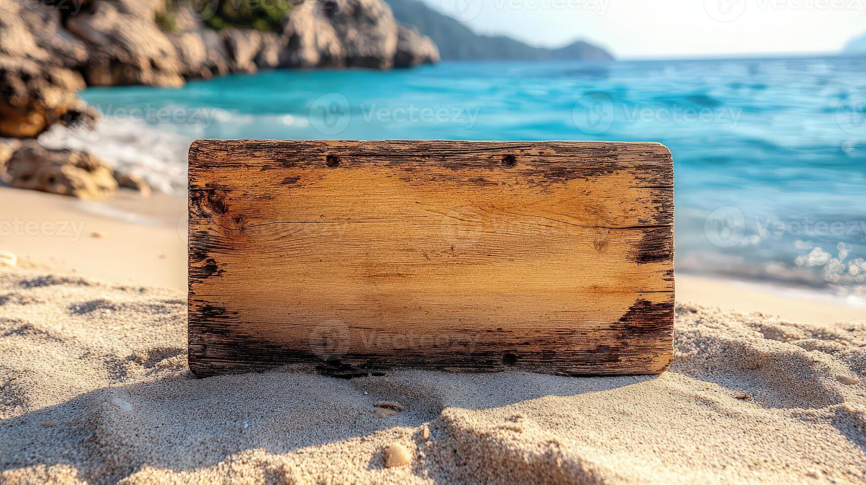 Wooden Board on Summer Beach With Clear Sea Background and Natural Light for Creative Content photo