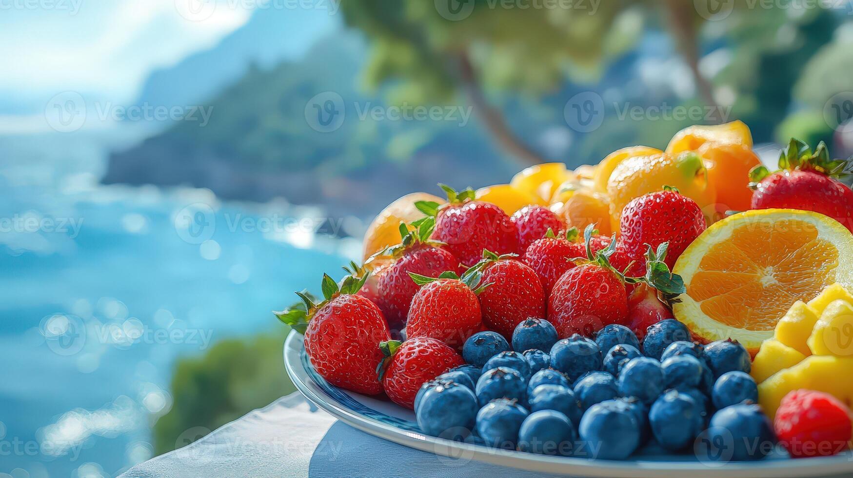 Colorful Fruit Plate on a Sunny Day by the Sea With a Serene Blue Backdrop photo