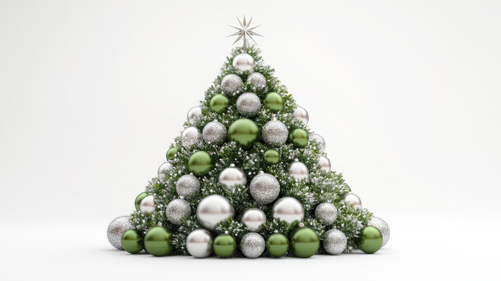 Elegant Christmas Tree Crafted From Green and Silver Ornaments on a Clean White Background photo