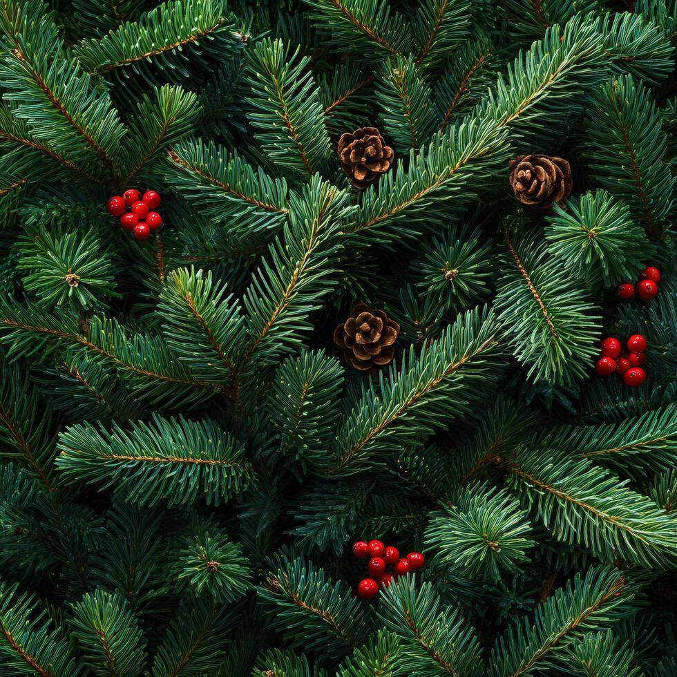 Vibrant Christmas Tree Branches Adorned With Pinecones and Berries During the Festive Holiday Season photo