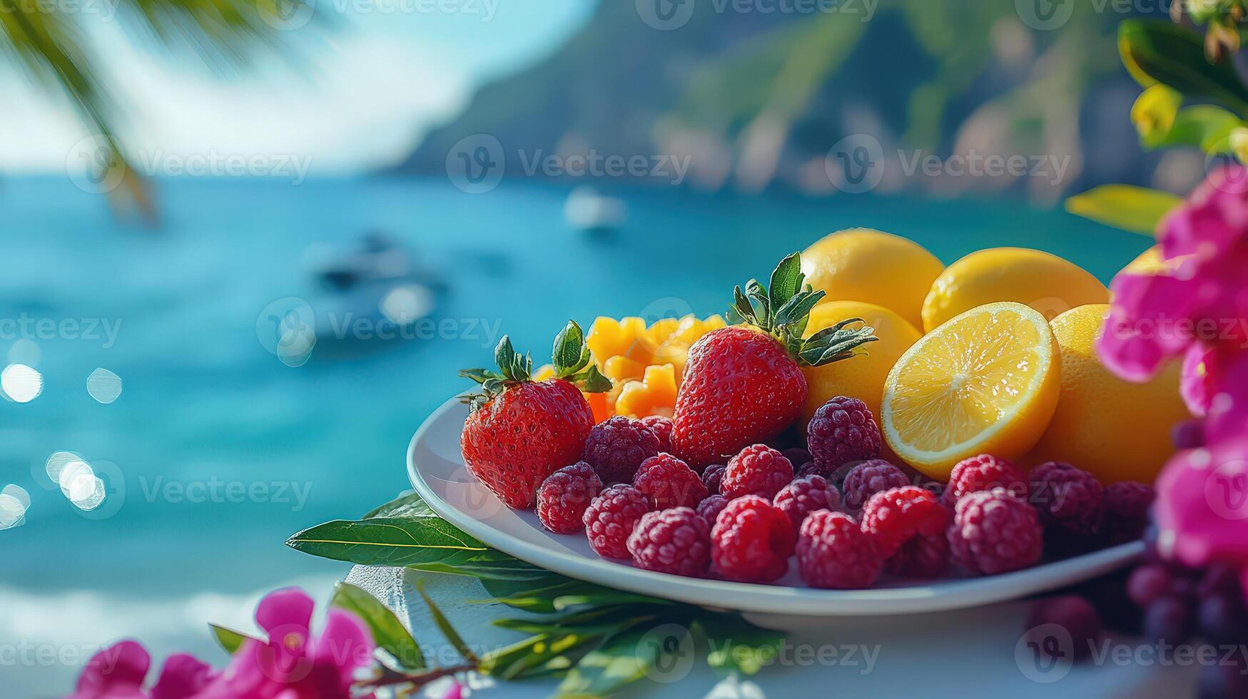 Delicious Summer Fruit Platter Against a Stunning Summer Sea Backdrop With Vibrant Colors photo