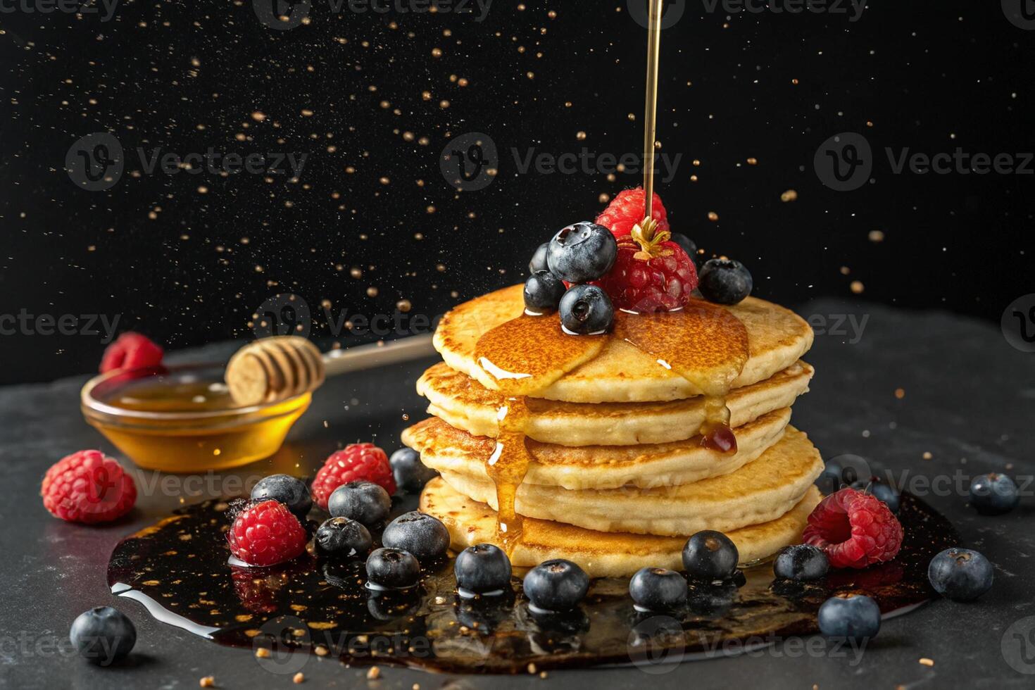 pancakes, honey and berries floating on black background, HDR image photo