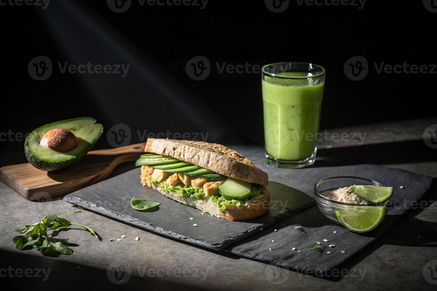 Avocado sandwich and cucumber juice, the scene is dark with a spot light in the center, HDR image photo