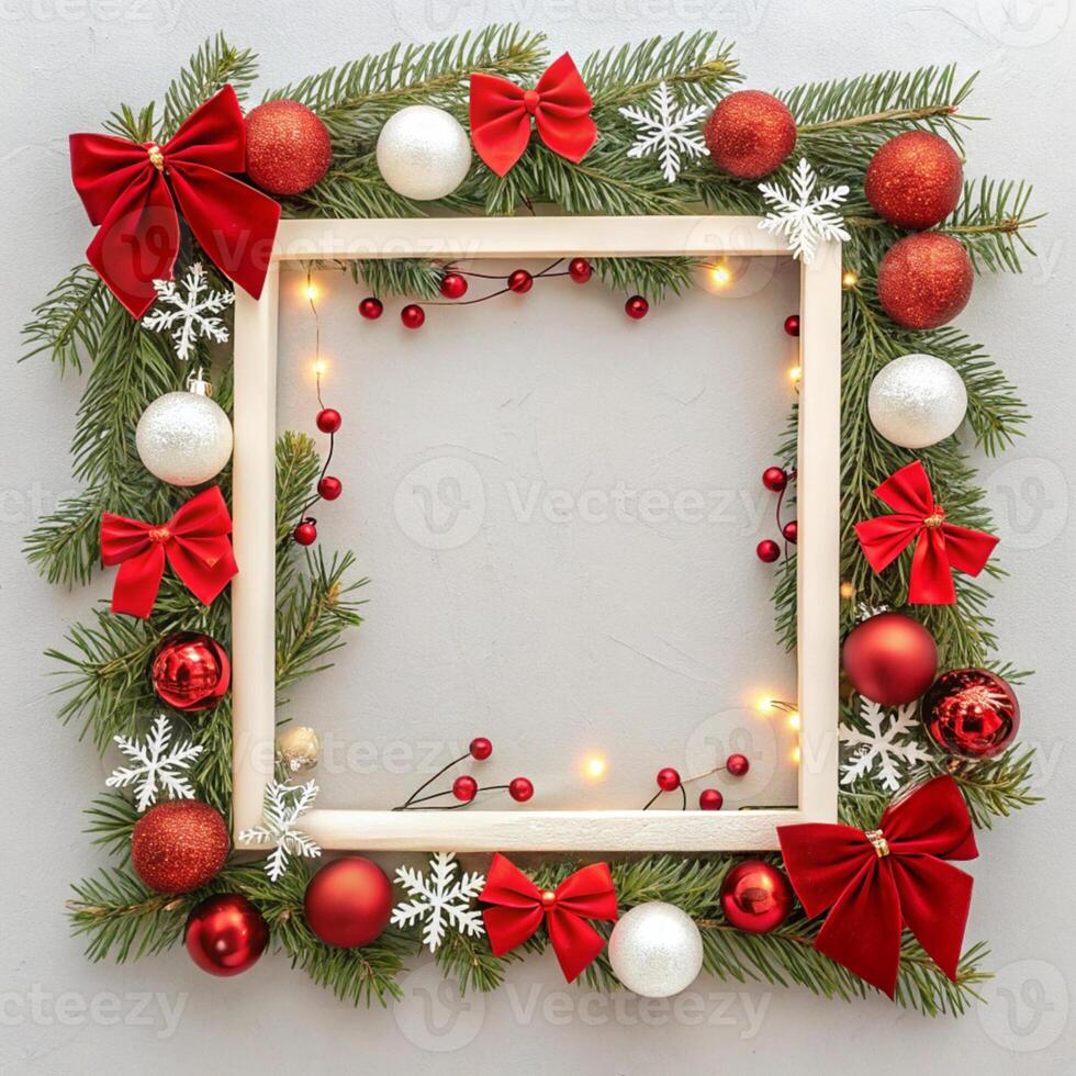 Christmas frame with red and white decorations on a gray background photo