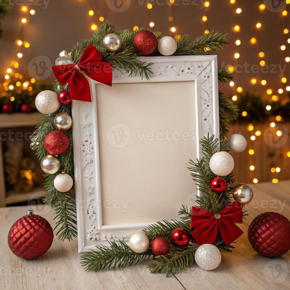 Christmas photo frame with red bow and christmas decorations