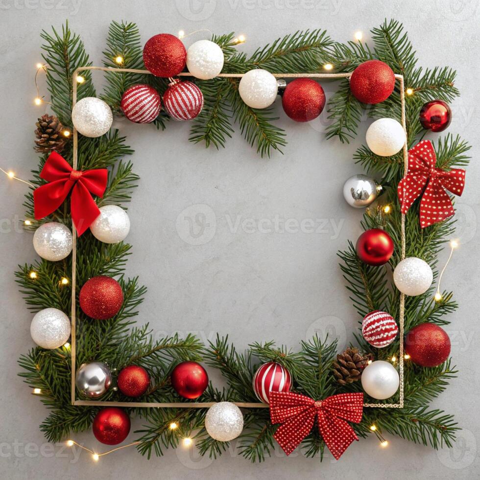 Christmas wreath with red and white balls and fir branches on a gray background photo