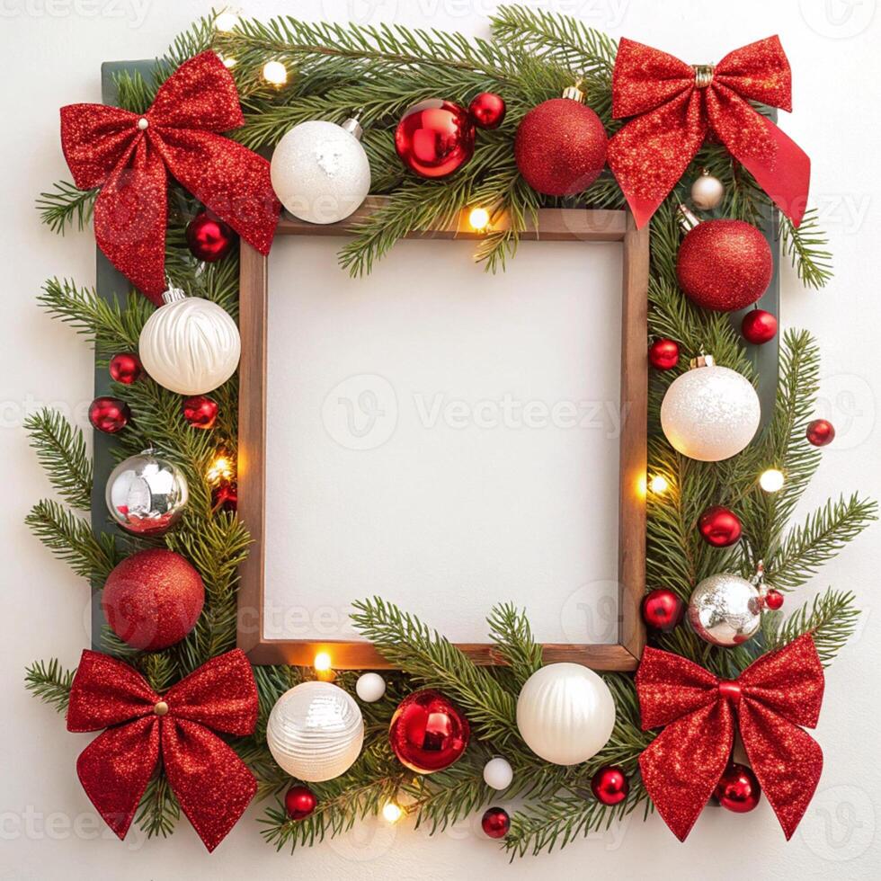 Christmas frame with red and white decorations on white background photo