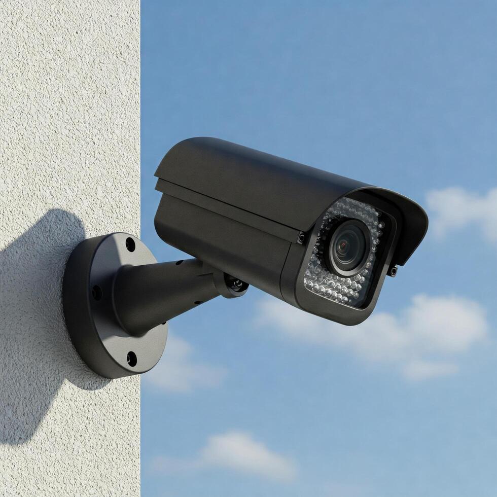 Security Camera Mounted on a Wall Outdoors photo