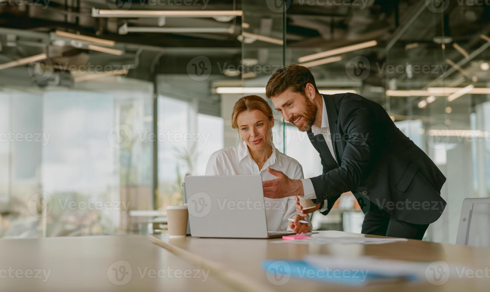 Participating in a collaborative business meeting that takes place in a modern office space photo