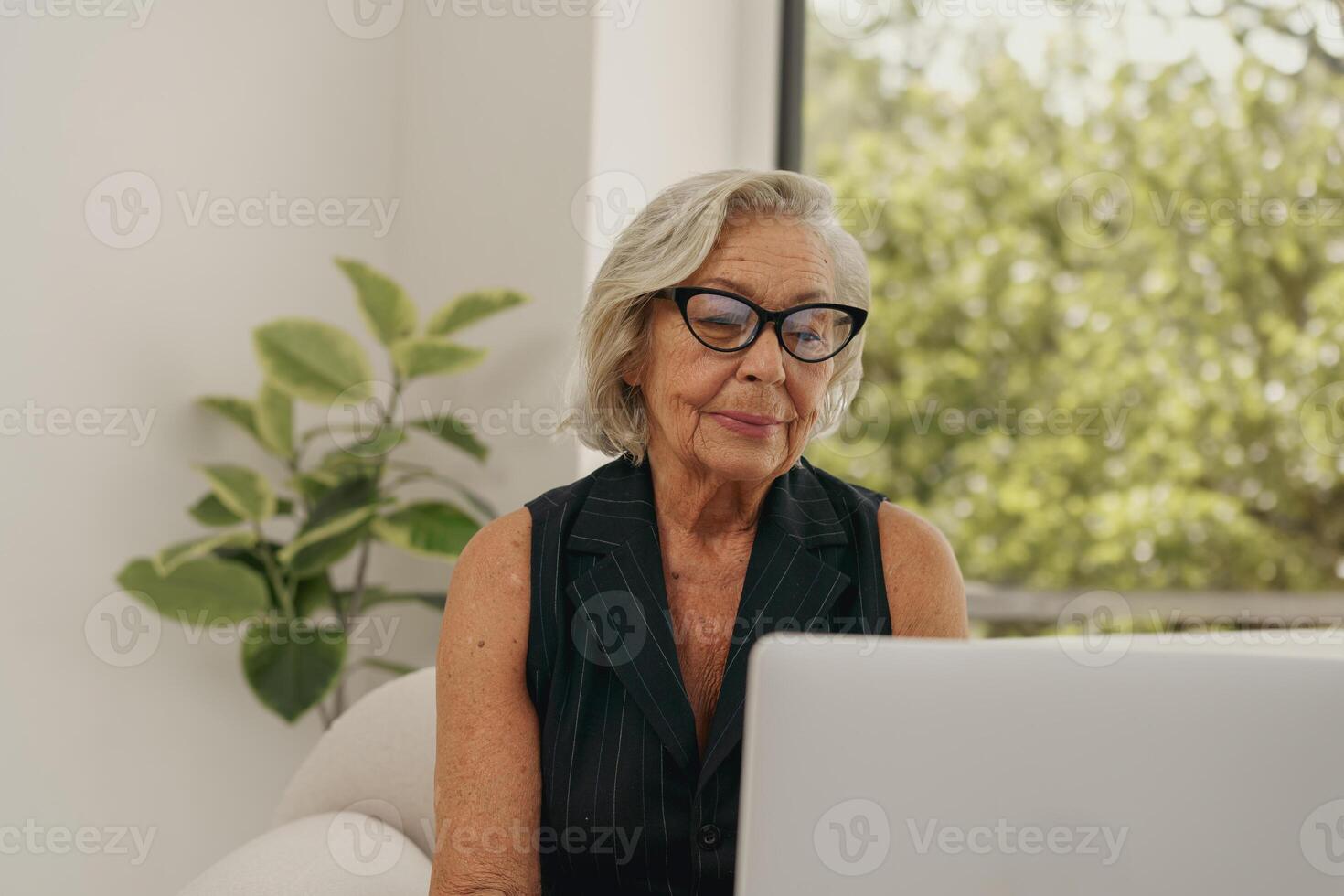 An Elegant Senior Woman Intently Working on Her Laptop in the Comfort of Her Home photo