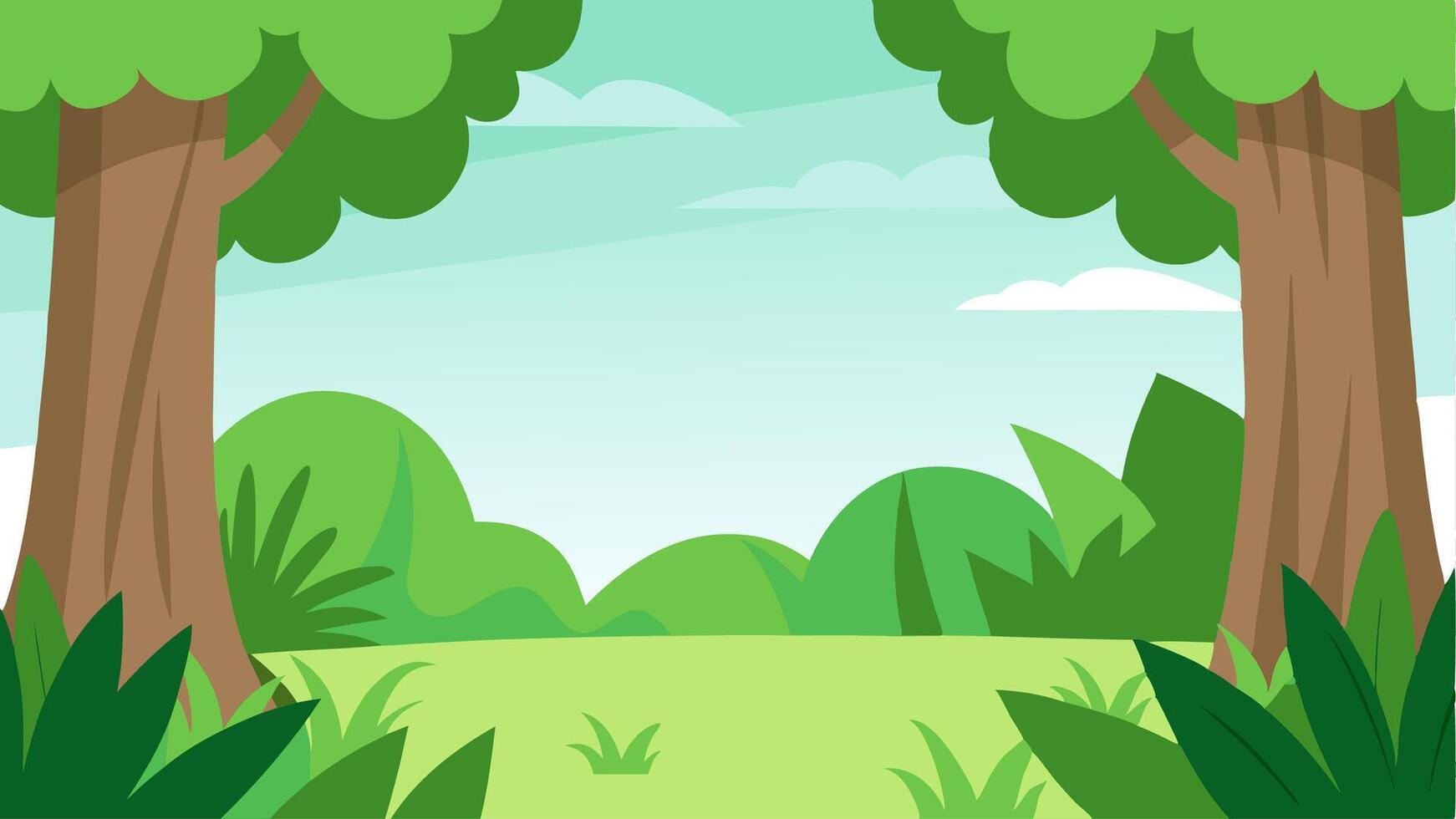 Cartoon Jungle Background with Lush Greenery and Tropical Wildlife vector