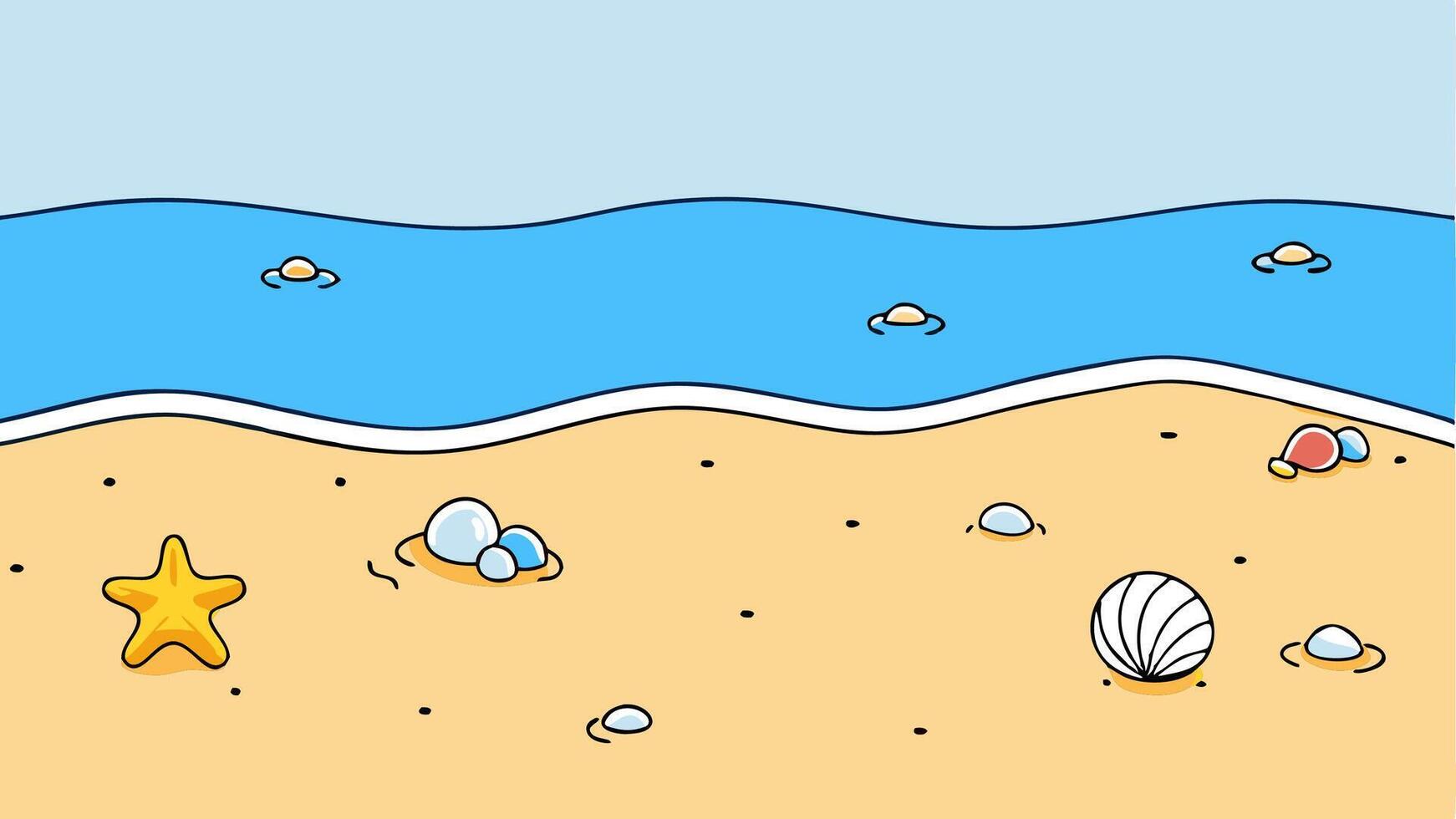 Simple Cartoon Style Beach Scene with Waves, Sand Sunny Tropical Vibes vector