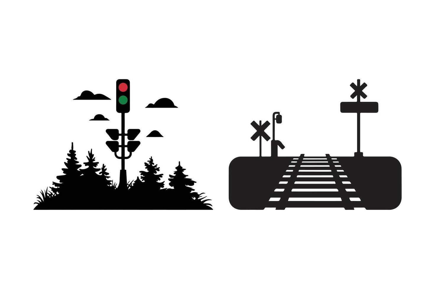 Traffic Light and Railway Crossing Silhouette Transportation Signal Icon Design vector