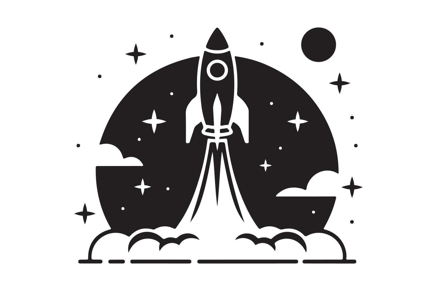 Rocket Launch Icon Space Shuttle Silhouette with Stars and Moon vector