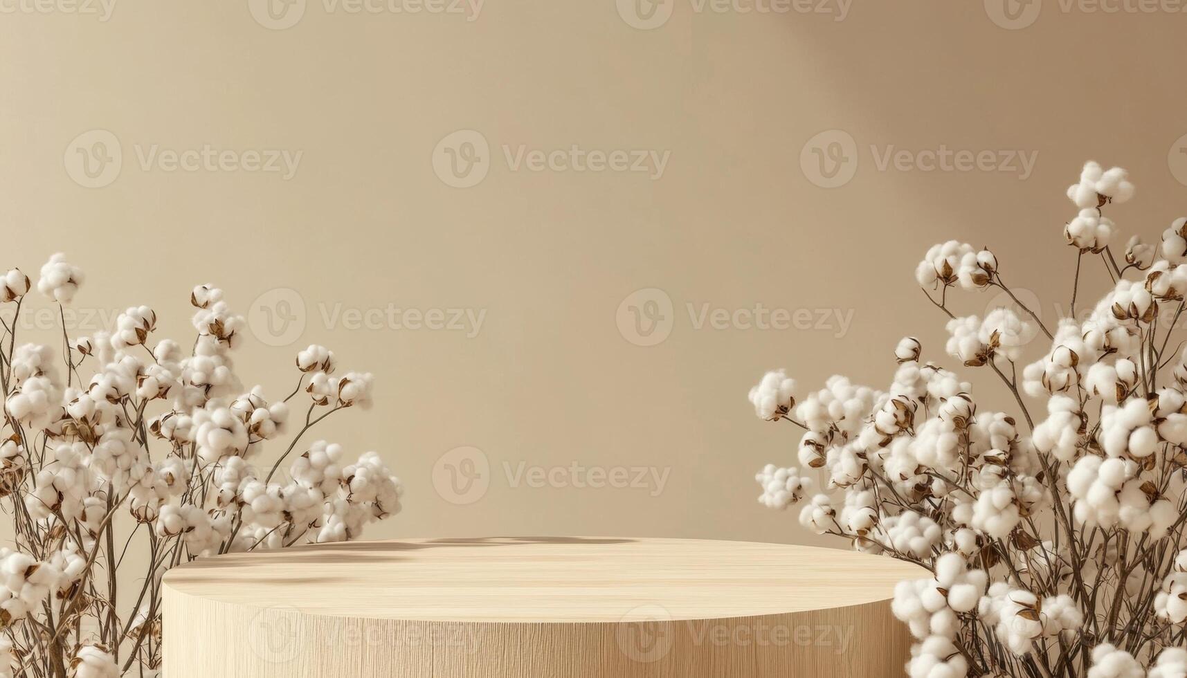 Wooden table with cotton flowers on a beige background photo