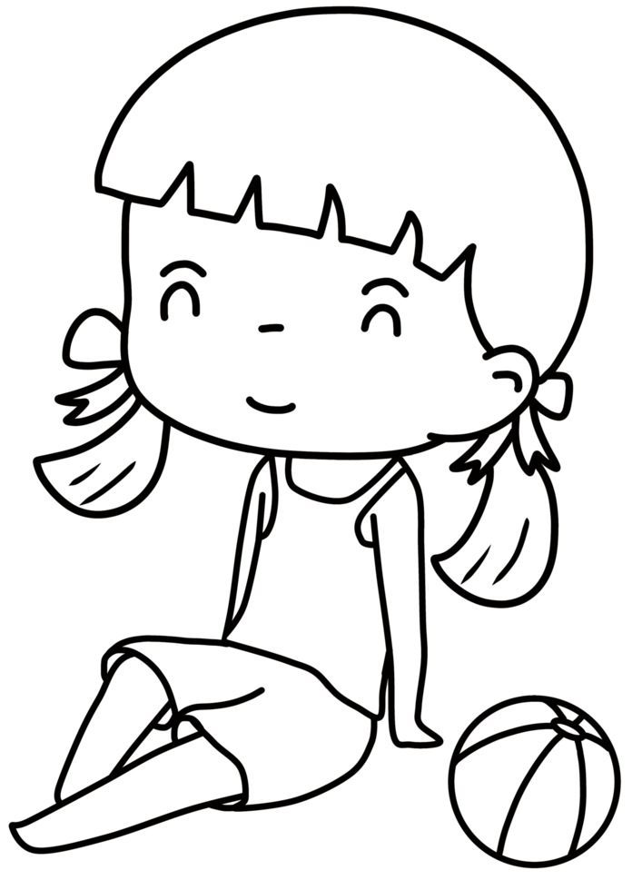 Outline cartoon of a little girl sitting and playing with a ball png