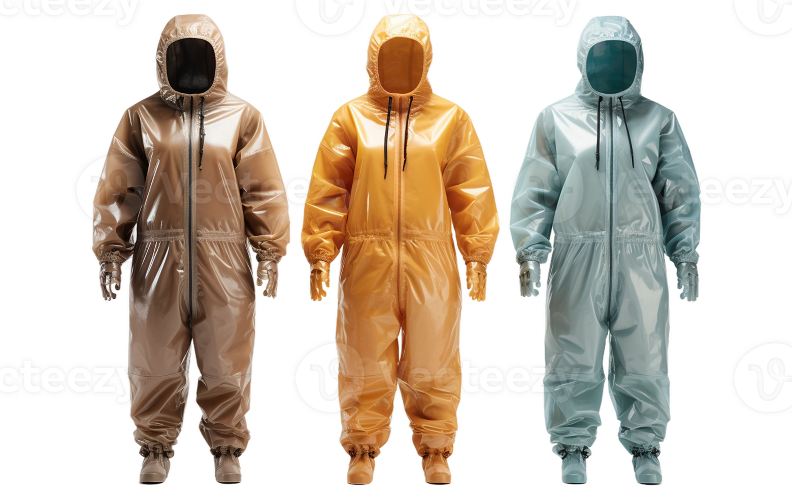 Three different colored rain suits are shown png