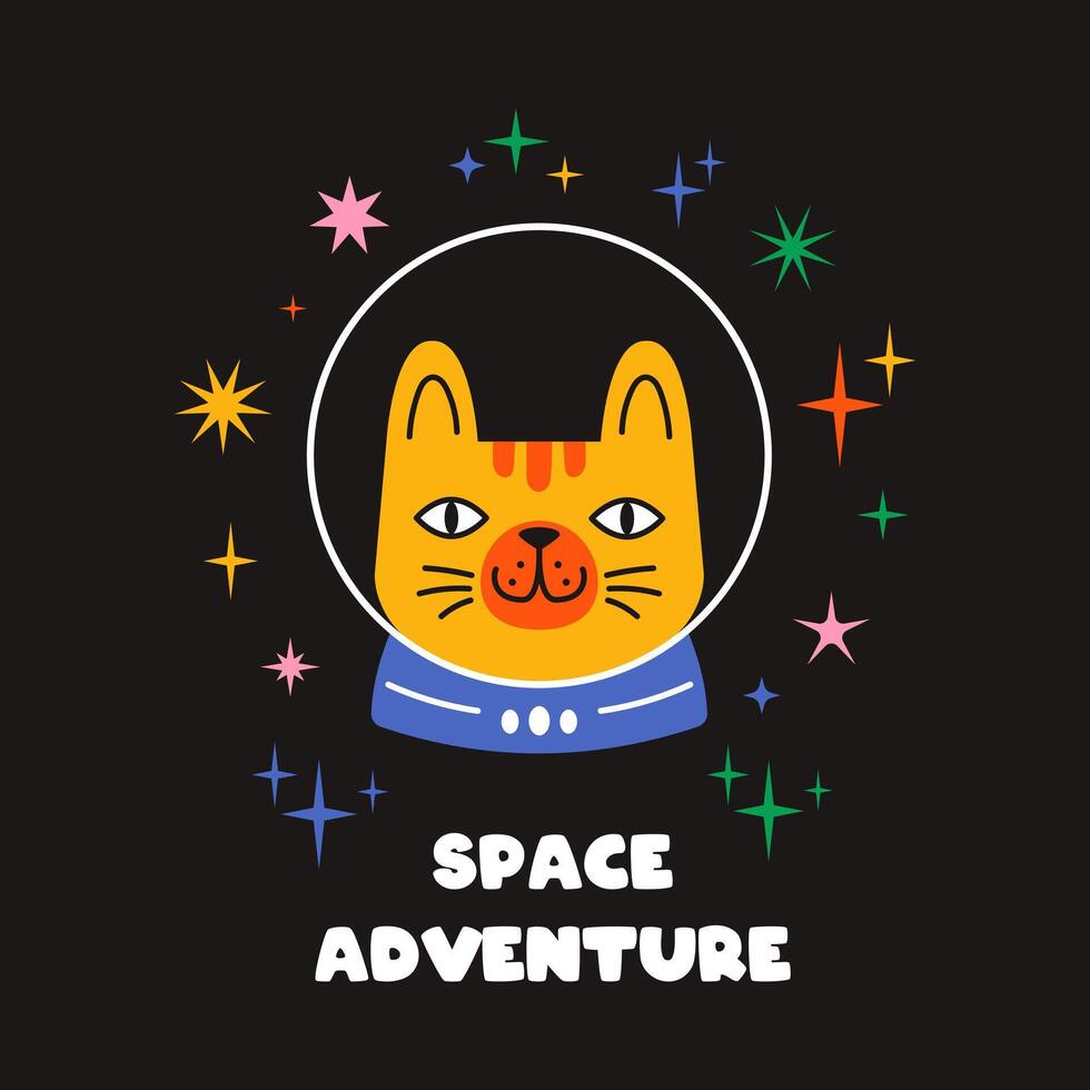 Playful kitten astronaut in space with happy face. Colorful flat kitten for funny posters, kids cards, t shirt design or space decor. Whimsical cosmic pet theme. Cat and text space adventure. vector