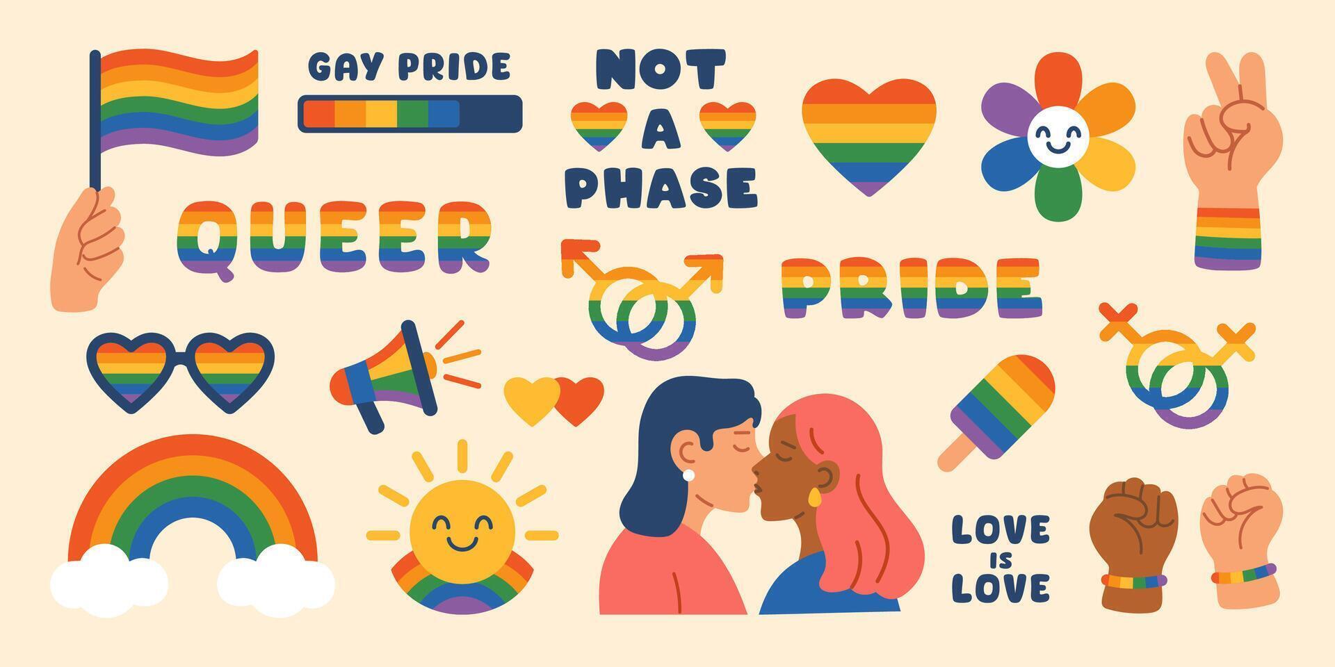 LGBT trendy clipart set. Colorful cute modern collection of LGBTQ Pride elements. LGBTQ flags, gender signs, hearts and other gay community objects in rainbow colors. Lesbian girls. vector