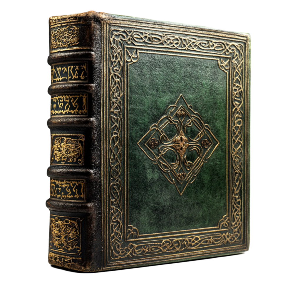 Antique Green Book With Gold Trim and Intricate Ornate Designs on the Cover png