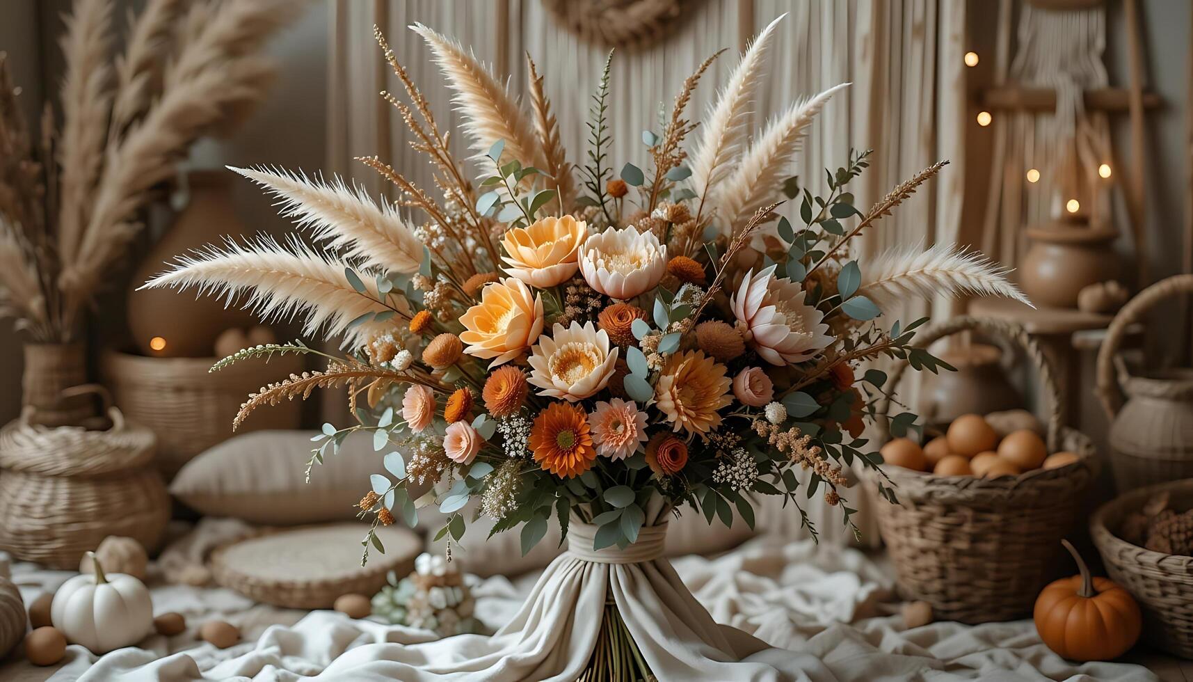 Elegant Birthday Bouquet with Peach Roses and Pampas Grass, a Touch of Autumn Charm, Perfect for Birthday Celebrations and Festive Occasions photo