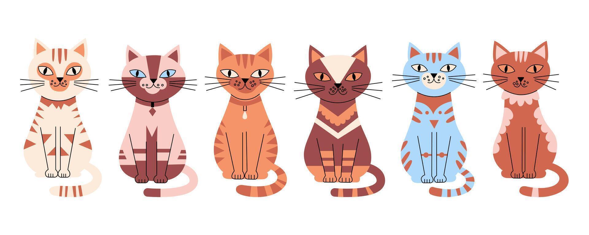 Set of cute cats illustration. Playful, adorable feline pets. Perfect for kids design, stickers, prints. Whimsical animal characters. Isolated background. Trendy hand drawn flat style. vector