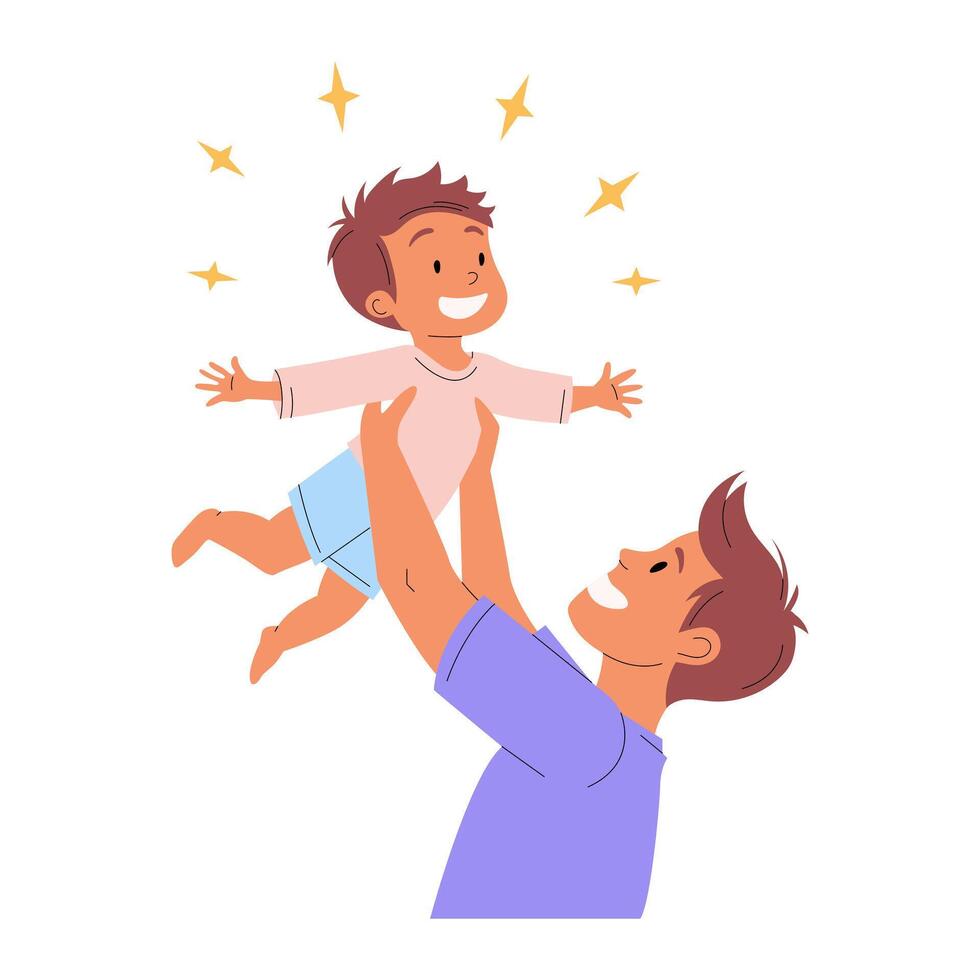 Father and son, flat hand drawn illustration. Dad throws joyful child into the air. Happy Father's Day, family concept. Isolated background. Design for postcard, sticker, greeting card, poster vector