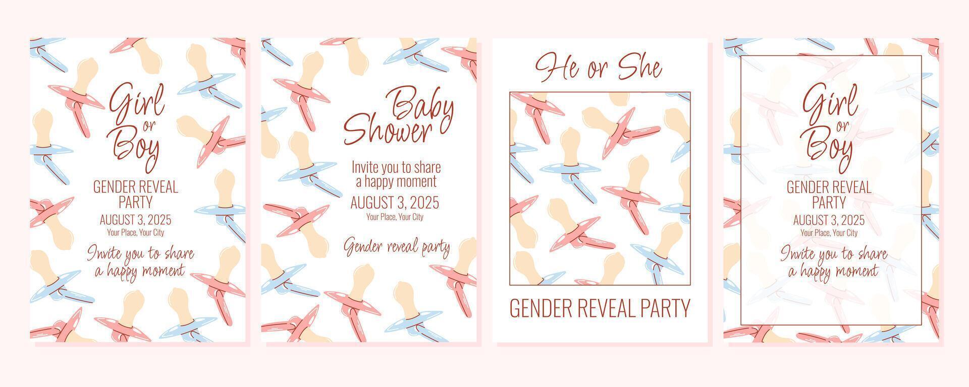 Girl or boy invitation, gender reveal party. Blue and pink baby pacifier background and pattern. Hand drawn flat illustration, a4 vertical posters set for happy moment, greeting card, postcard vector