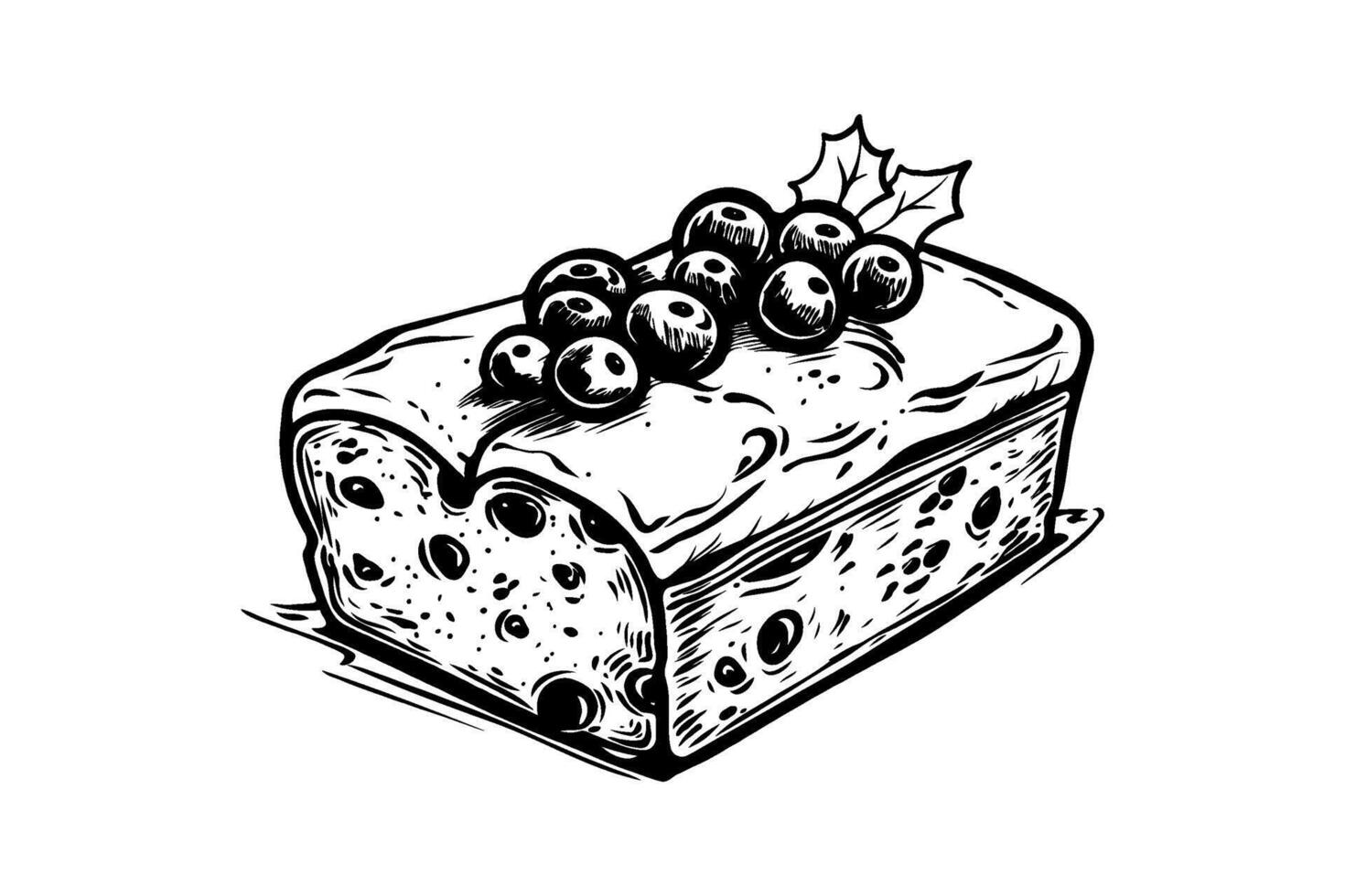 Illustration of Christmas fruitcake topped with berries and leaves, in black-and-white hand-drawn style, on a white background, holiday concept vector