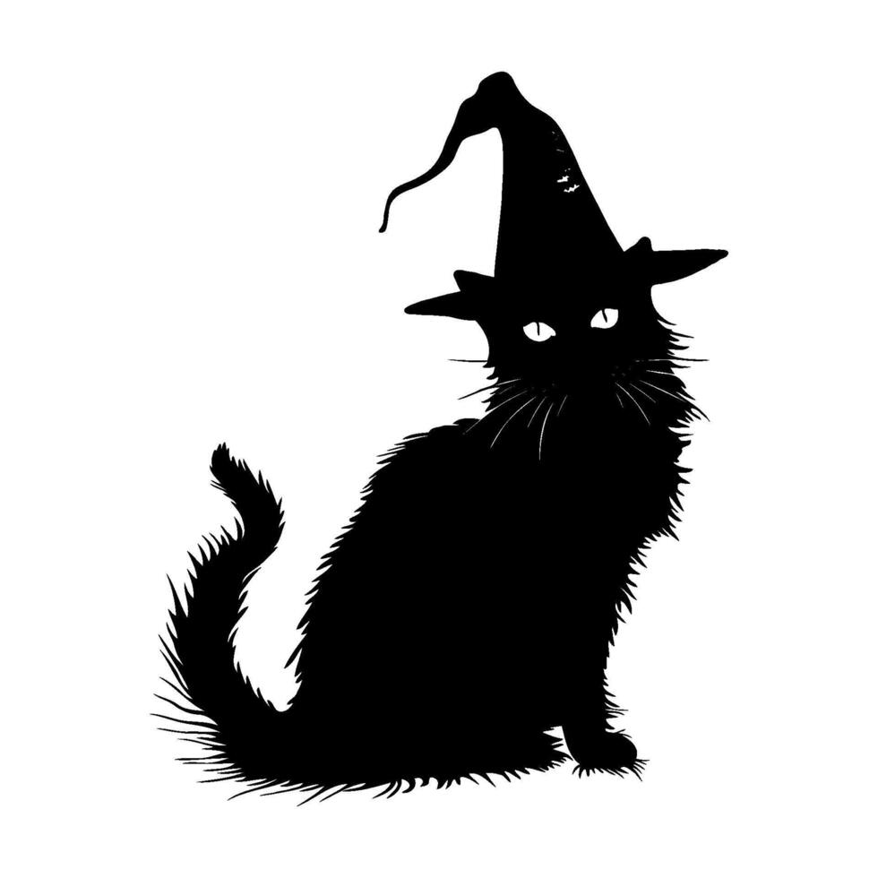 Back Halloween cat with witch hat. vector