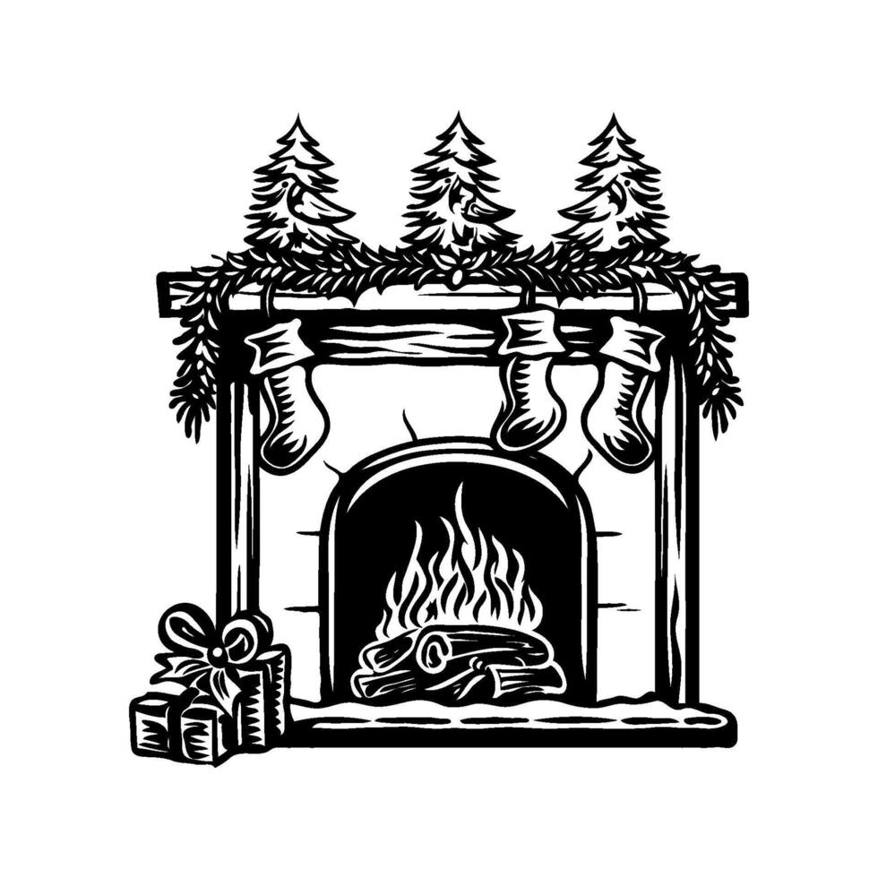 A silhouette of a fireplace with three Christmas socks hanging from the mantle and gift box on a white background. vector