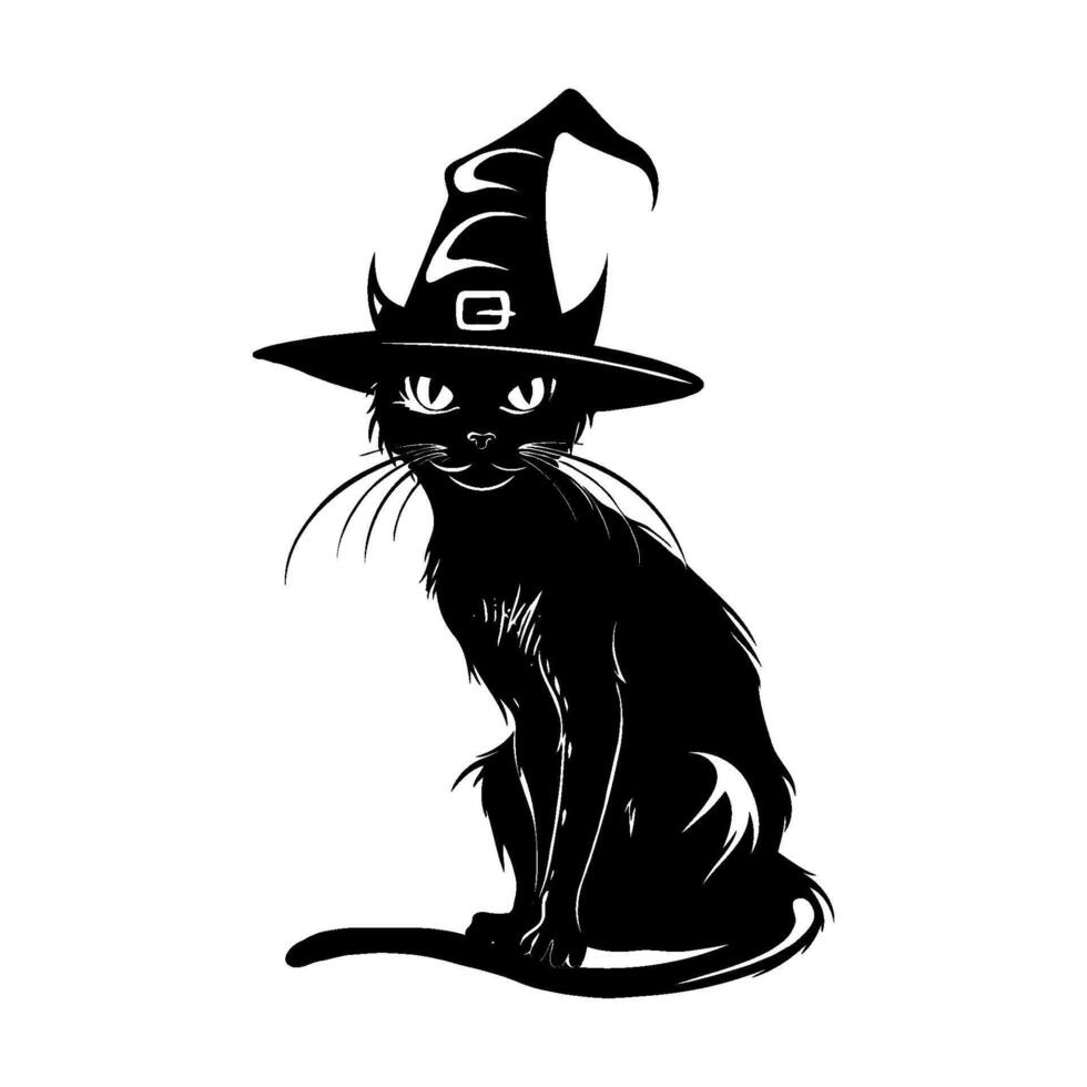 A black Halloween cat with a black witch hat on its head. illustration isolated on white background. vector