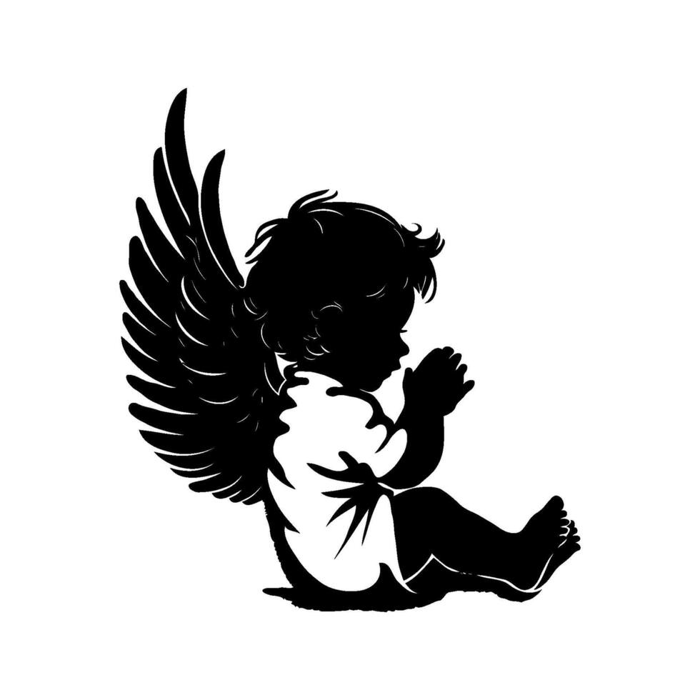 A silhouette of Christmas baby angel is sitting on the ground with its arms crossed. The angel is wearing a white shirt and has wings. vector