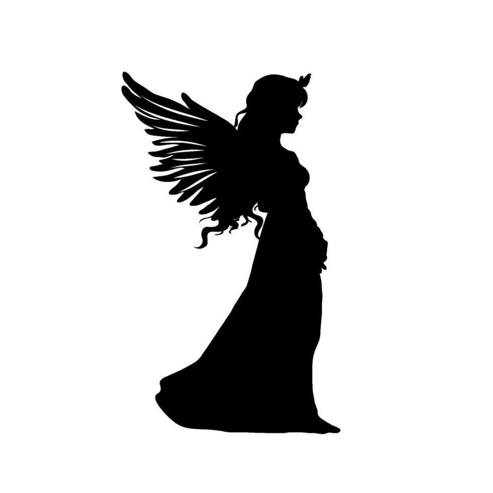 A silhouette of Christmas angel woman with wings. She is praying. illustration isolated on white background. vector